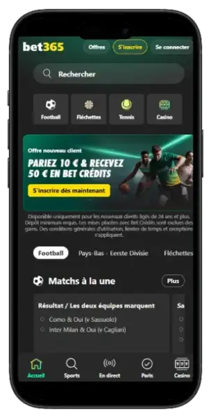 image qui montre interface mobile bet365